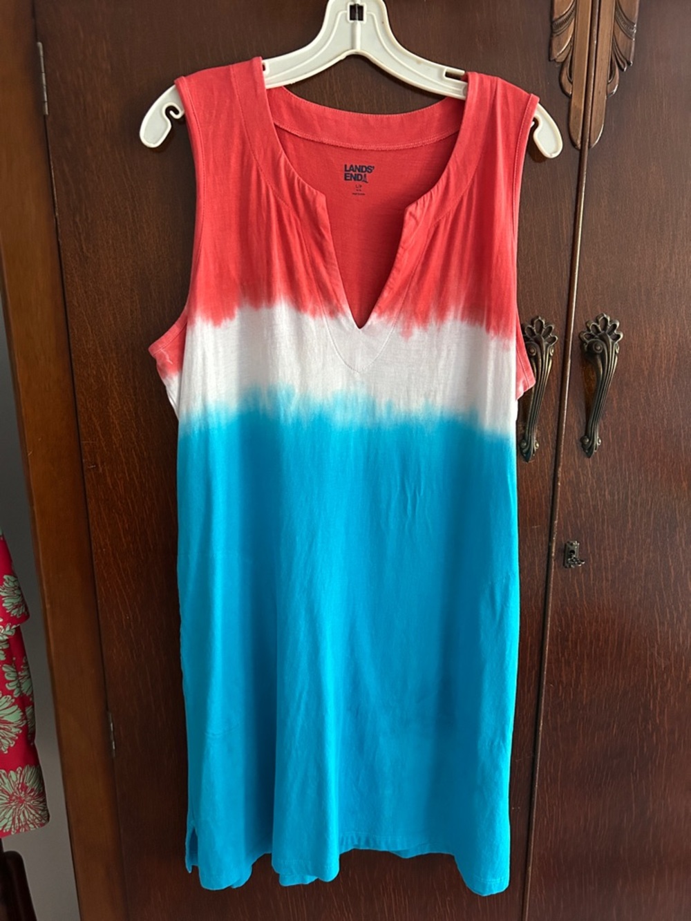 Lands' End Sleeveless Dip-Dye Shift Dress in Coral, White & Turquoise